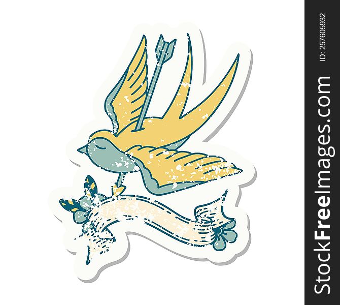 Grunge Sticker With Banner Of A Swallow Shot Through With Arrow