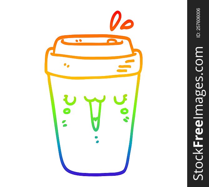 rainbow gradient line drawing of a cartoon coffee cup