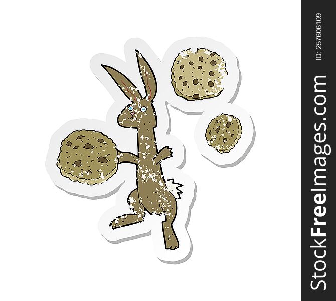 retro distressed sticker of a cartoon rabbit with cookies