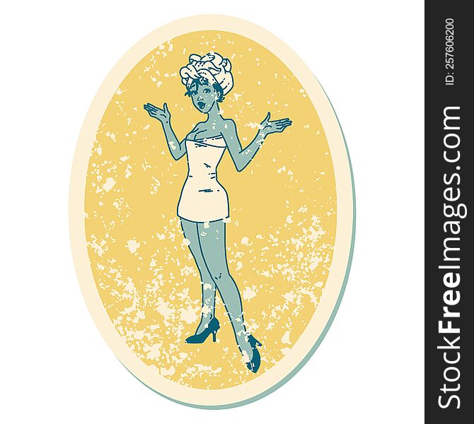 distressed sticker tattoo style icon of a pinup girl in towels