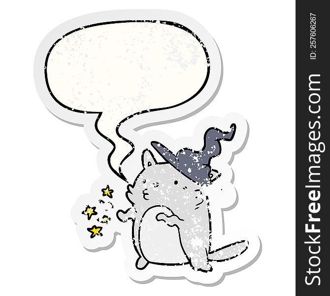 magical amazing cartoon cat wizard and speech bubble distressed sticker