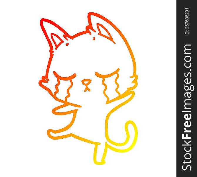 warm gradient line drawing of a crying cartoon cat performing a dance