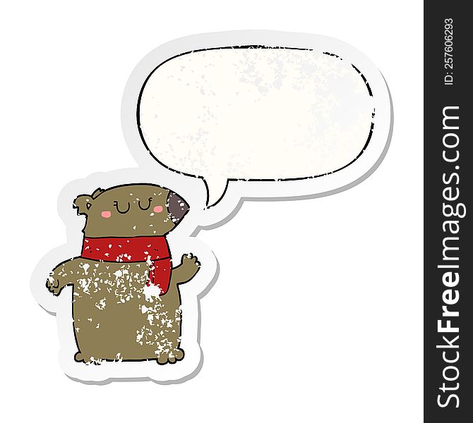 cartoon bear with scarf with speech bubble distressed distressed old sticker. cartoon bear with scarf with speech bubble distressed distressed old sticker