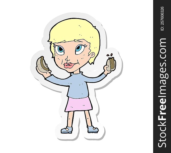 sticker of a cartoon woman eating hotdogs