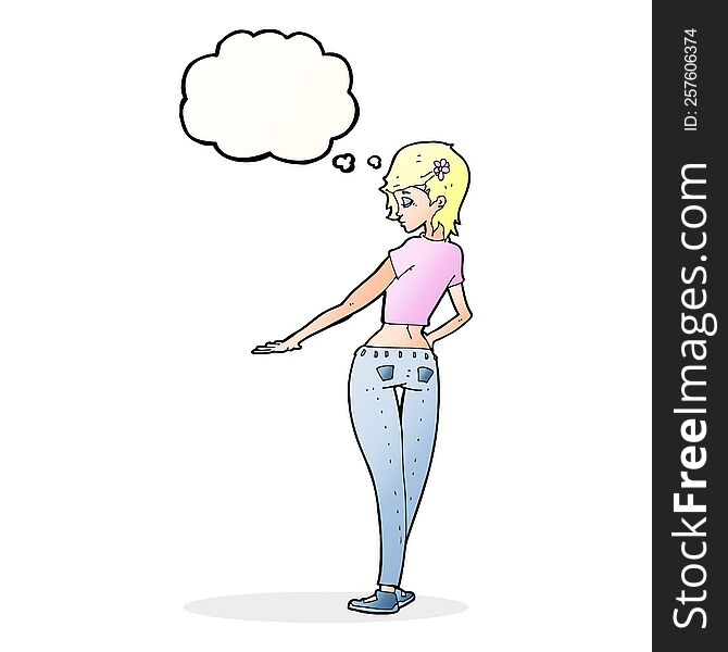 Cartoon Pretty Girl In Jeans And Tee With Thought Bubble