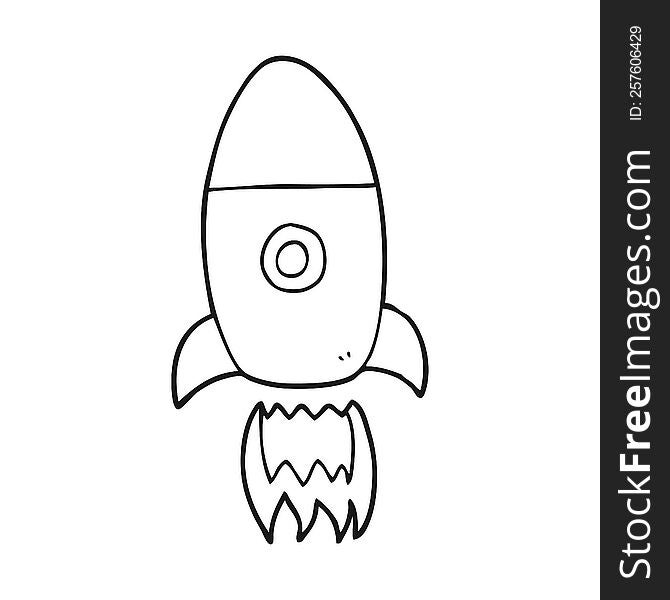 freehand drawn black and white cartoon flying rocket