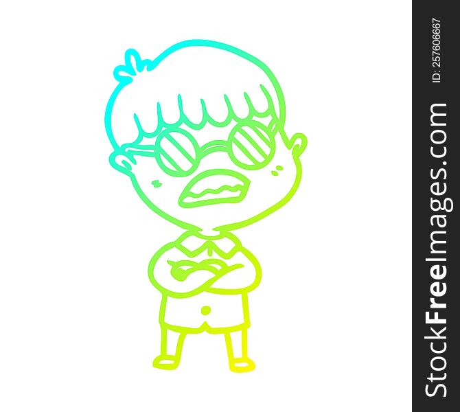 cold gradient line drawing of a cartoon boy with crossed arms wearing spectacles