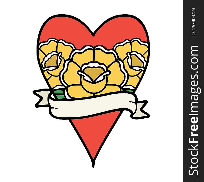tattoo in traditional style of a heart and banner with flowers. tattoo in traditional style of a heart and banner with flowers