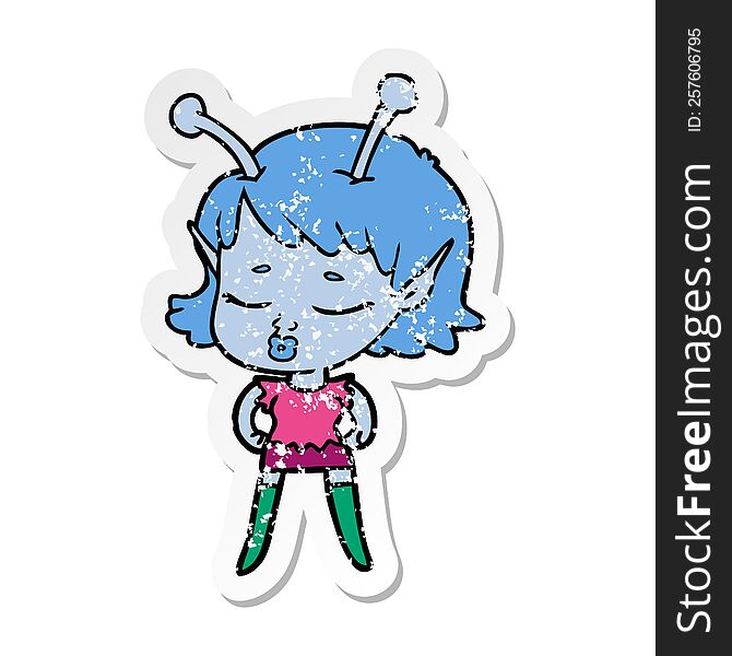 Distressed Sticker Of A Cute Alien Girl Cartoon