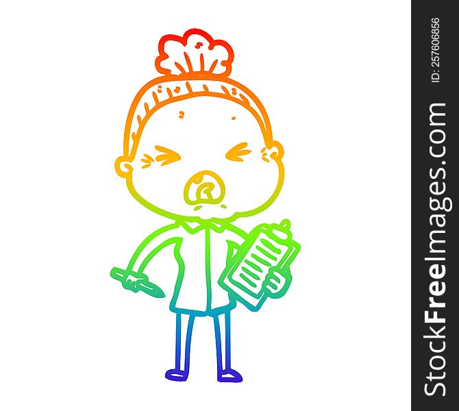 rainbow gradient line drawing of a cartoon angry old woman