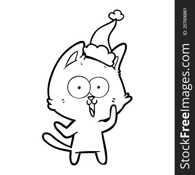 Funny Line Drawing Of A Cat Wearing Santa Hat