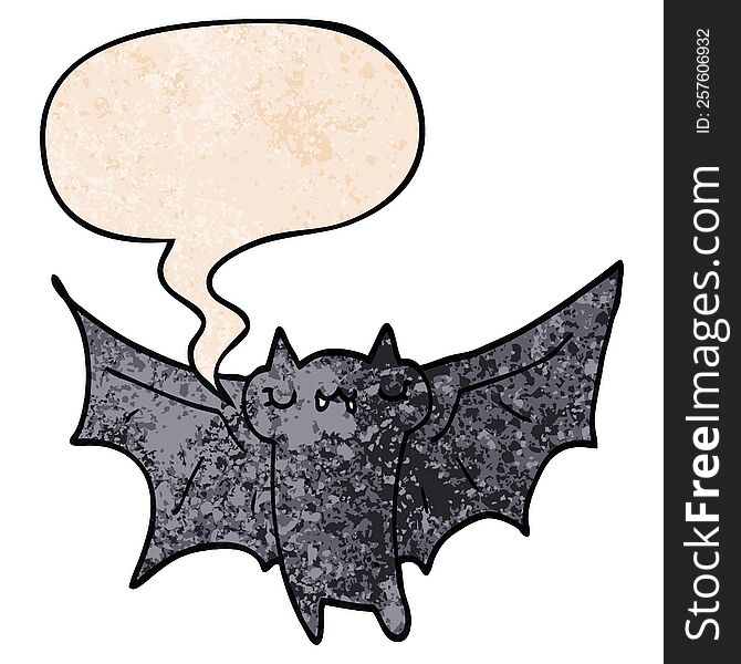 Cute Cartoon Halloween Bat And Speech Bubble In Retro Texture Style