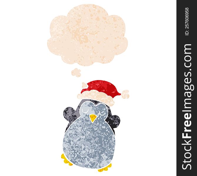 Cute Christmas Penguin And Thought Bubble In Retro Textured Style