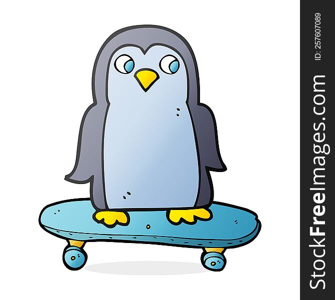 freehand drawn cartoon penguin riding skateboard