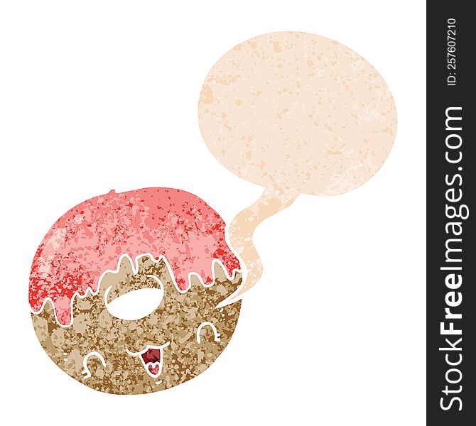 Cute Cartoon Donut And Speech Bubble In Retro Textured Style