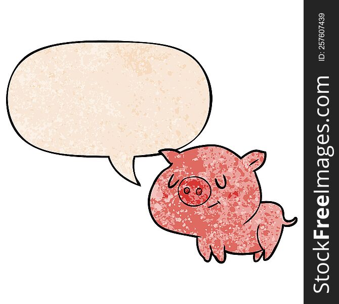 cute cartoon pig with speech bubble in retro texture style