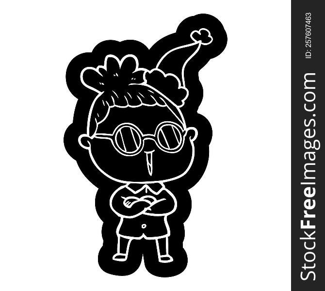 quirky cartoon icon of a woman wearing spectacles wearing santa hat