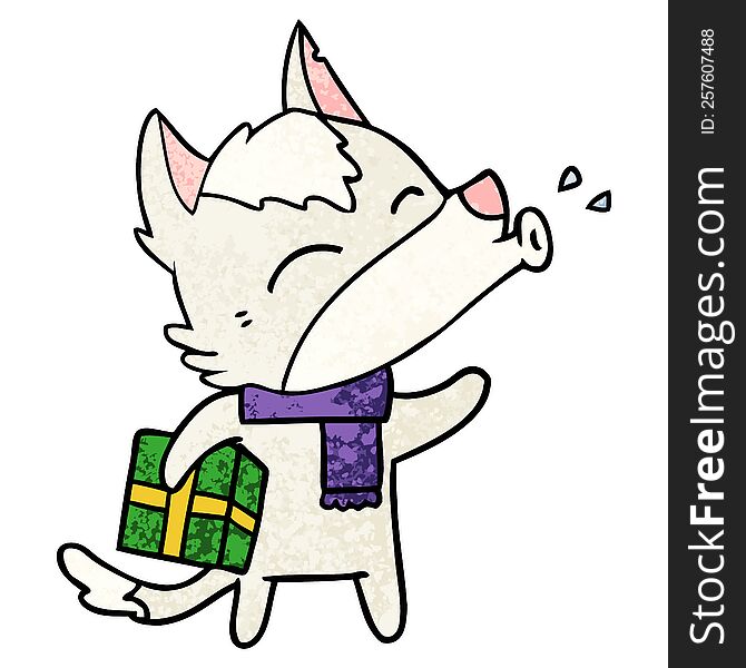 howling wolf with christmas present. howling wolf with christmas present