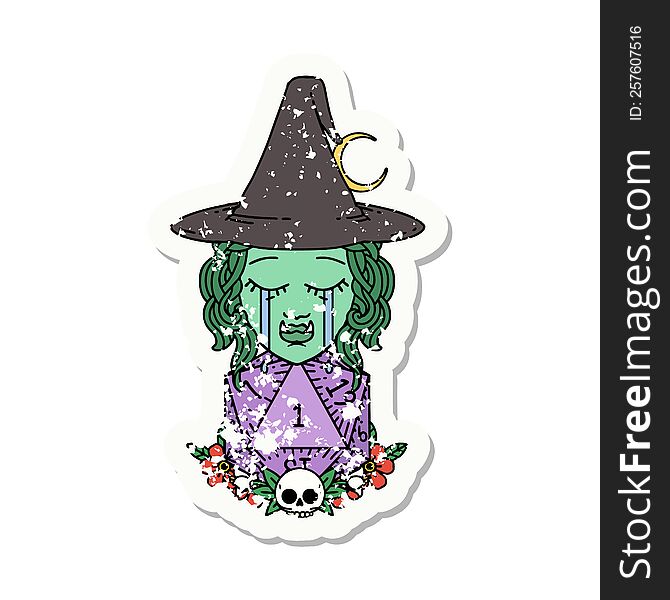 Sad Half Orc Witch Character With Natural One D20 Roll Grunge Sticker