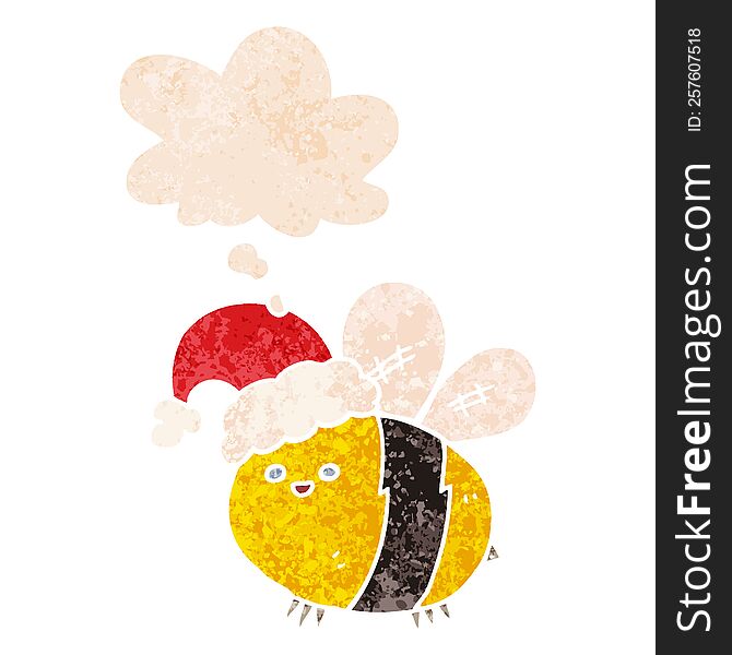 Cute Cartoon Bee Wearing Christmas Hat And Thought Bubble In Retro Textured Style