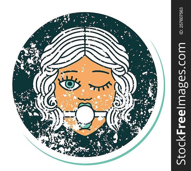 iconic distressed sticker tattoo style image of a winking female face wearing ball gag. iconic distressed sticker tattoo style image of a winking female face wearing ball gag