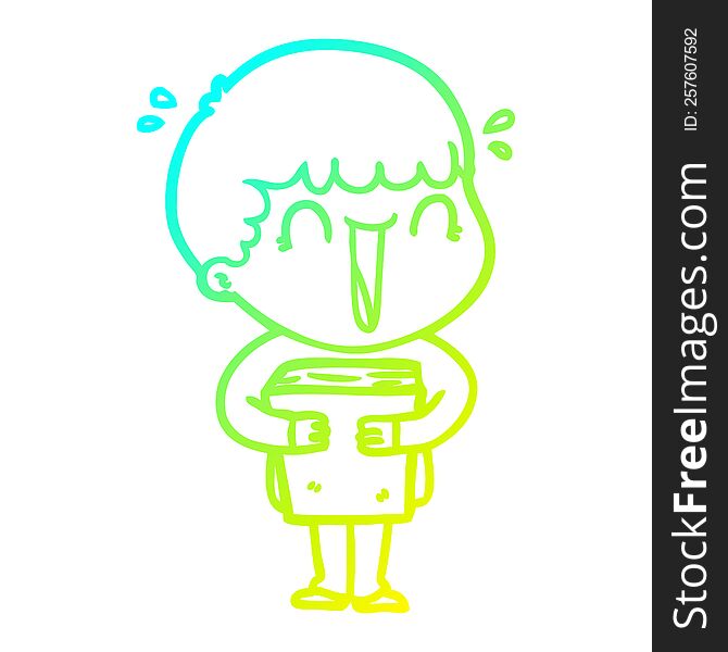 cold gradient line drawing of a laughing cartoon man holding book