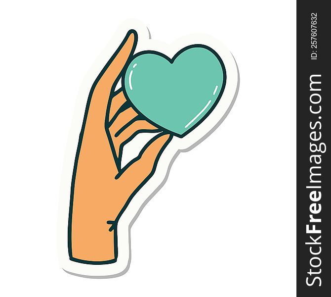 sticker of tattoo in traditional style of a hand holding a heart. sticker of tattoo in traditional style of a hand holding a heart