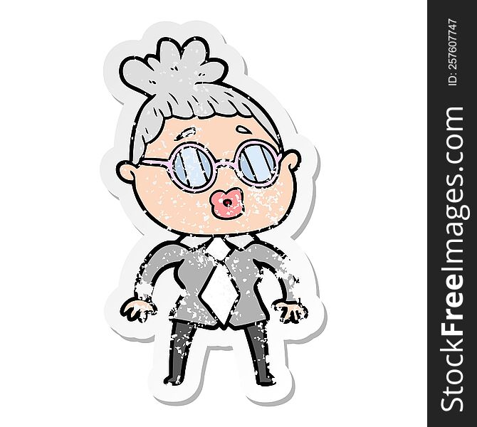 distressed sticker of a cartoon office woman wearing spectacles
