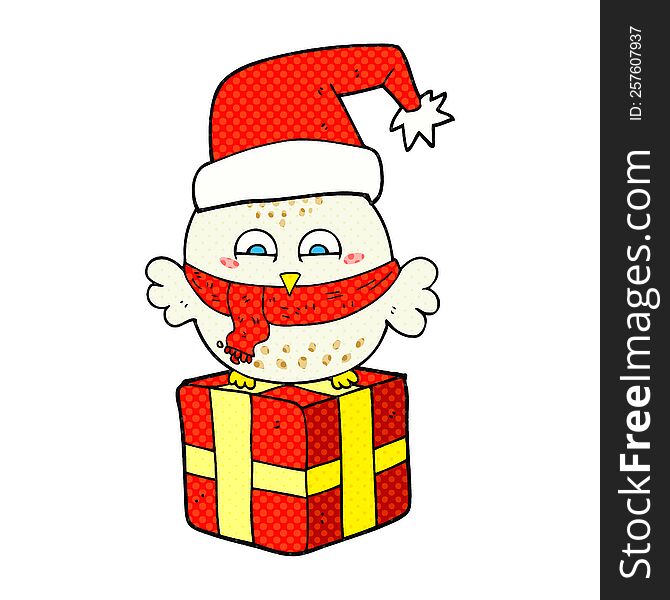 Cartoon Cute Christmas Owl On Gift