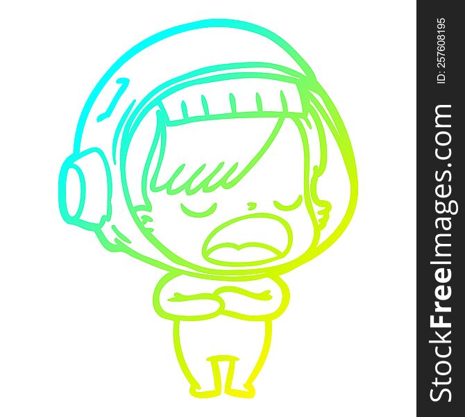 cold gradient line drawing of a cartoon astronaut woman explaining