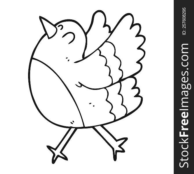 freehand drawn black and white cartoon happy bird