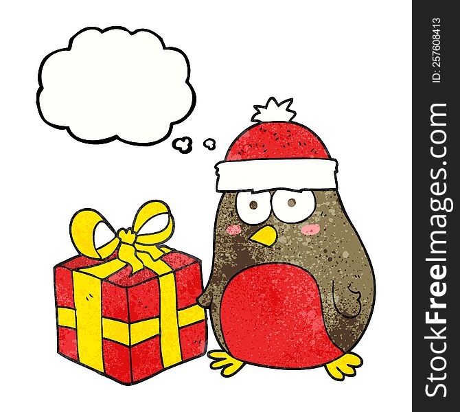 freehand drawn thought bubble textured cartoon christmas robin