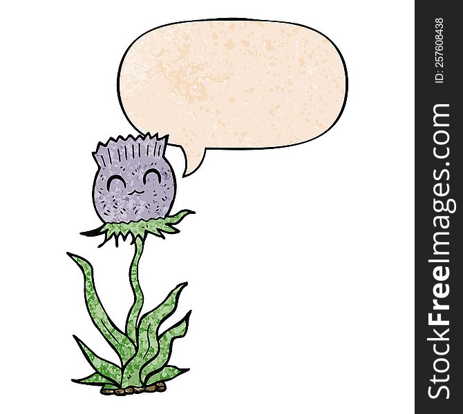 Cartoon Thistle And Speech Bubble In Retro Texture Style