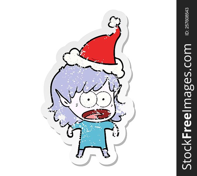 hand drawn distressed sticker cartoon of a shocked elf girl wearing santa hat