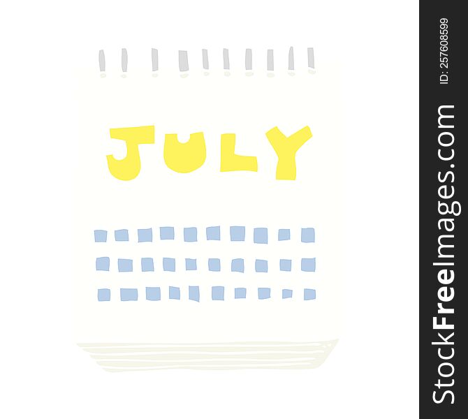 Flat Color Illustration Of A Cartoon Calendar Showing Month Of July