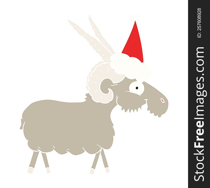 Flat Color Illustration Of A Goat Wearing Santa Hat