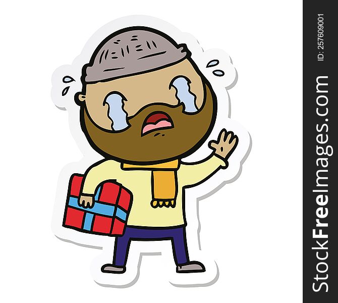 Sticker Of A Cartoon Bearded Man Crying With Christmas Present