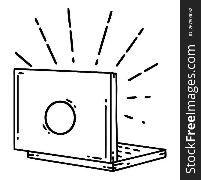 illustration of a traditional black line work tattoo style laptop computer