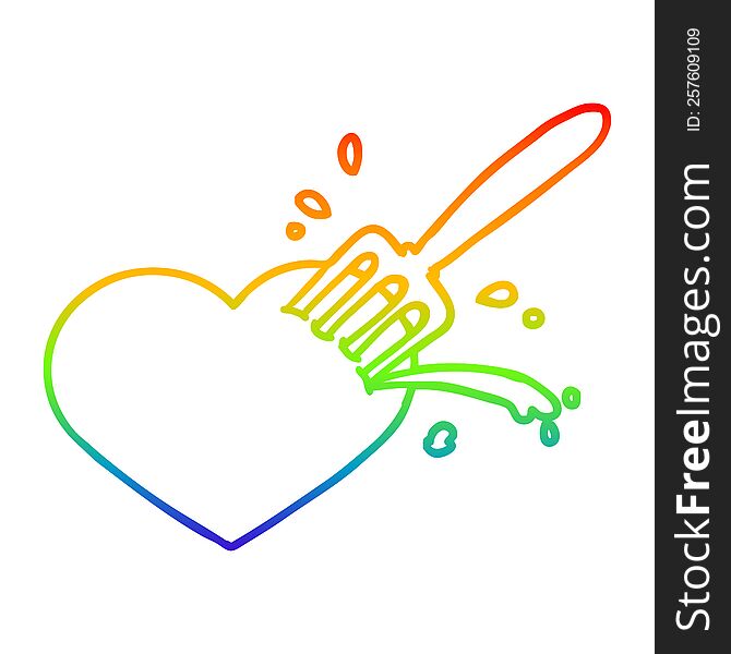 rainbow gradient line drawing cartoon love heart stuck with fork