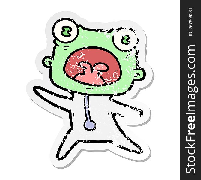 Distressed Sticker Of A Cartoon Weird Alien Running Away