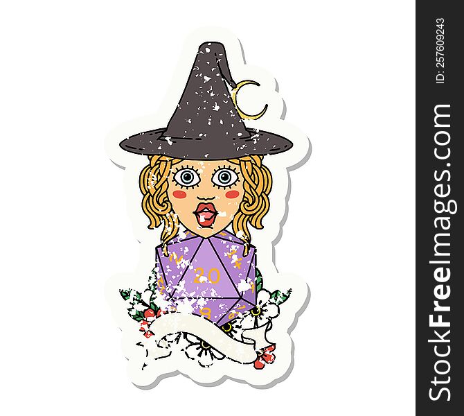 grunge sticker of a human mage with natural twenty dice roll. grunge sticker of a human mage with natural twenty dice roll