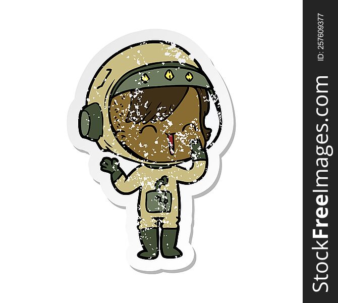 distressed sticker of a cartoon laughing astronaut girl