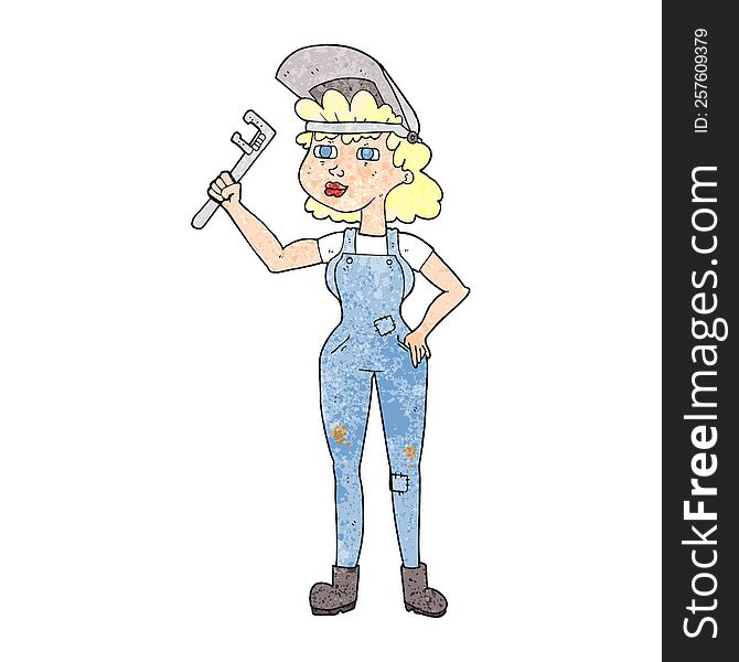 freehand textured cartoon capable woman with wrench