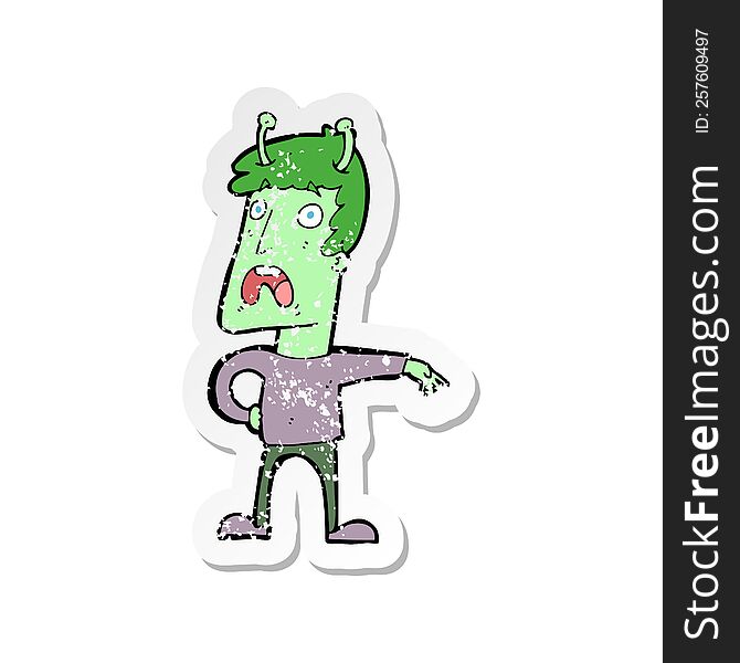 retro distressed sticker of a cartoon unhappy alien