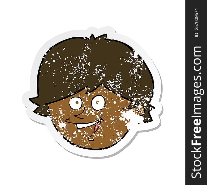 retro distressed sticker of a cartoon happy boy face