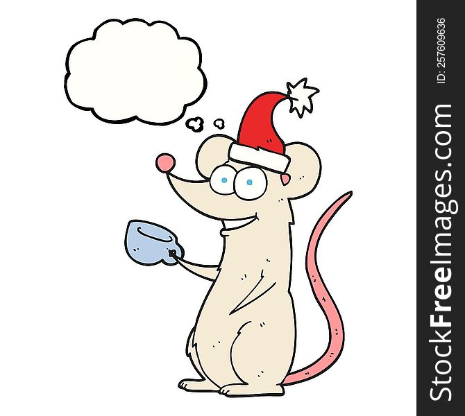 freehand drawn thought bubble cartoon mouse wearing christmas hat