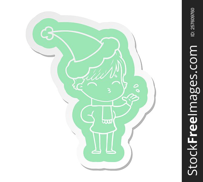 cartoon  sticker of a woman thinking wearing santa hat