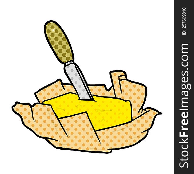 cartoon traditional pat of butter with knife. cartoon traditional pat of butter with knife