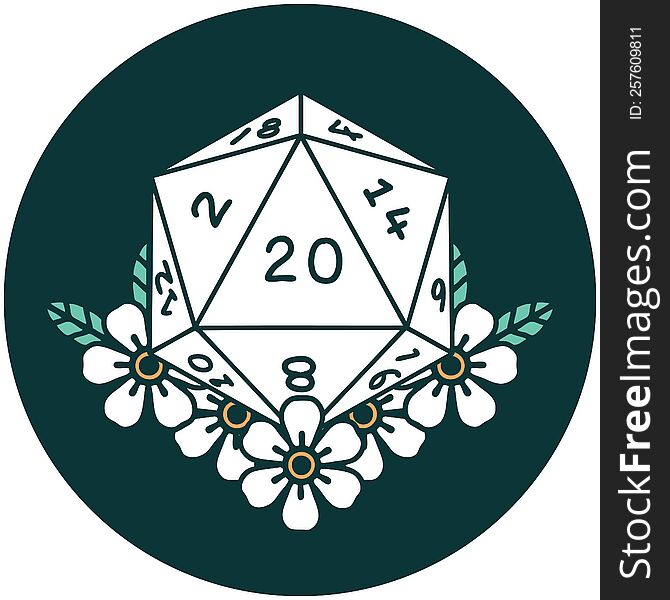 icon of natural 20 D20 dice roll with floral elements. icon of natural 20 D20 dice roll with floral elements