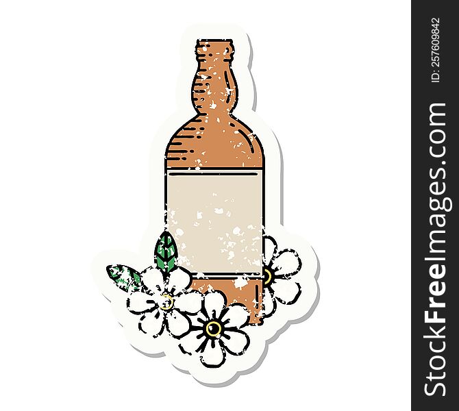 distressed sticker tattoo in traditional style of a rum bottle and flowers. distressed sticker tattoo in traditional style of a rum bottle and flowers